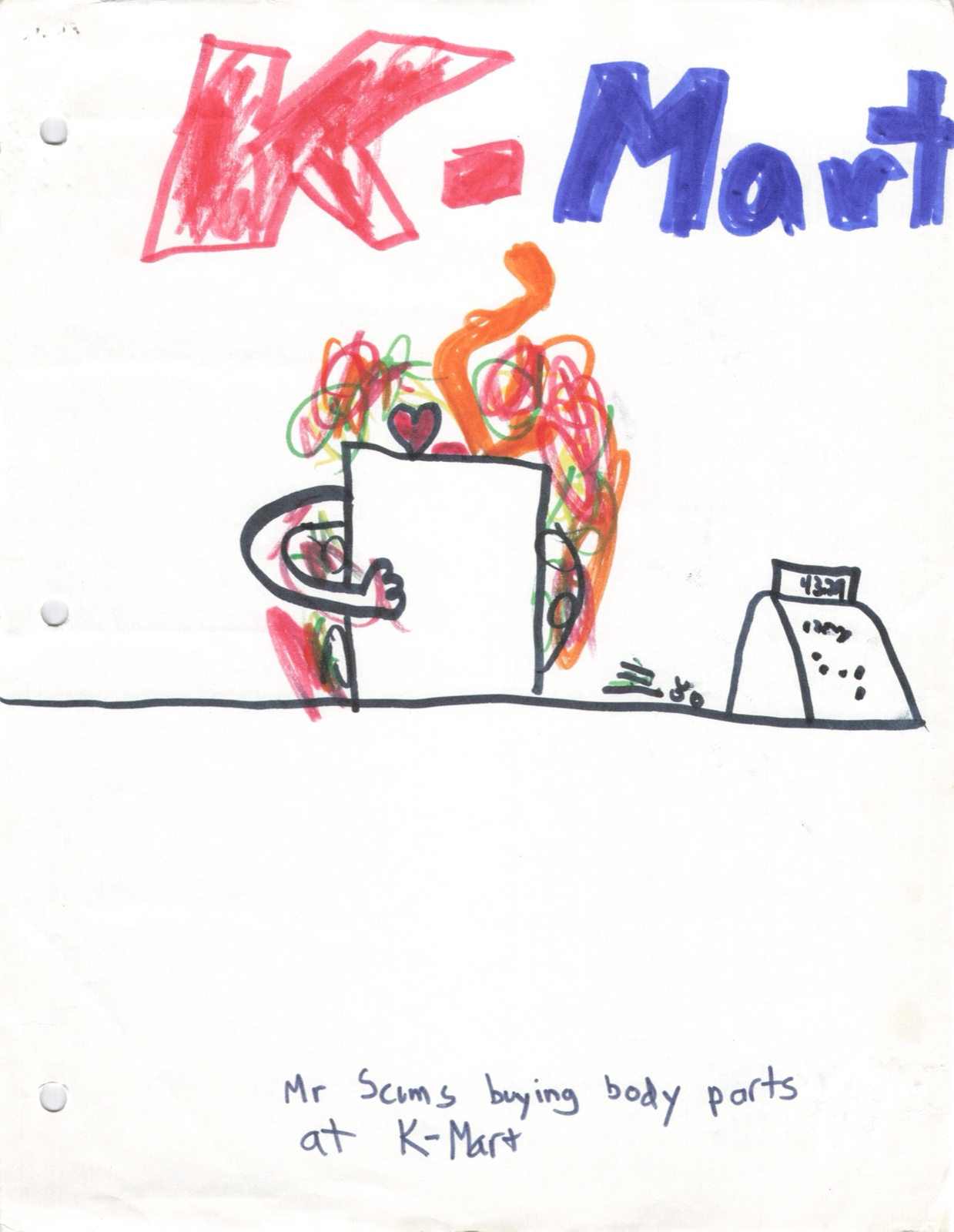Illustration page. A hand-drawn illustration of Mr. Scums at K-Mart with a shopping cart full of body parts and a cash register. Caption: Mr Scums buying body parts at K-Mart.